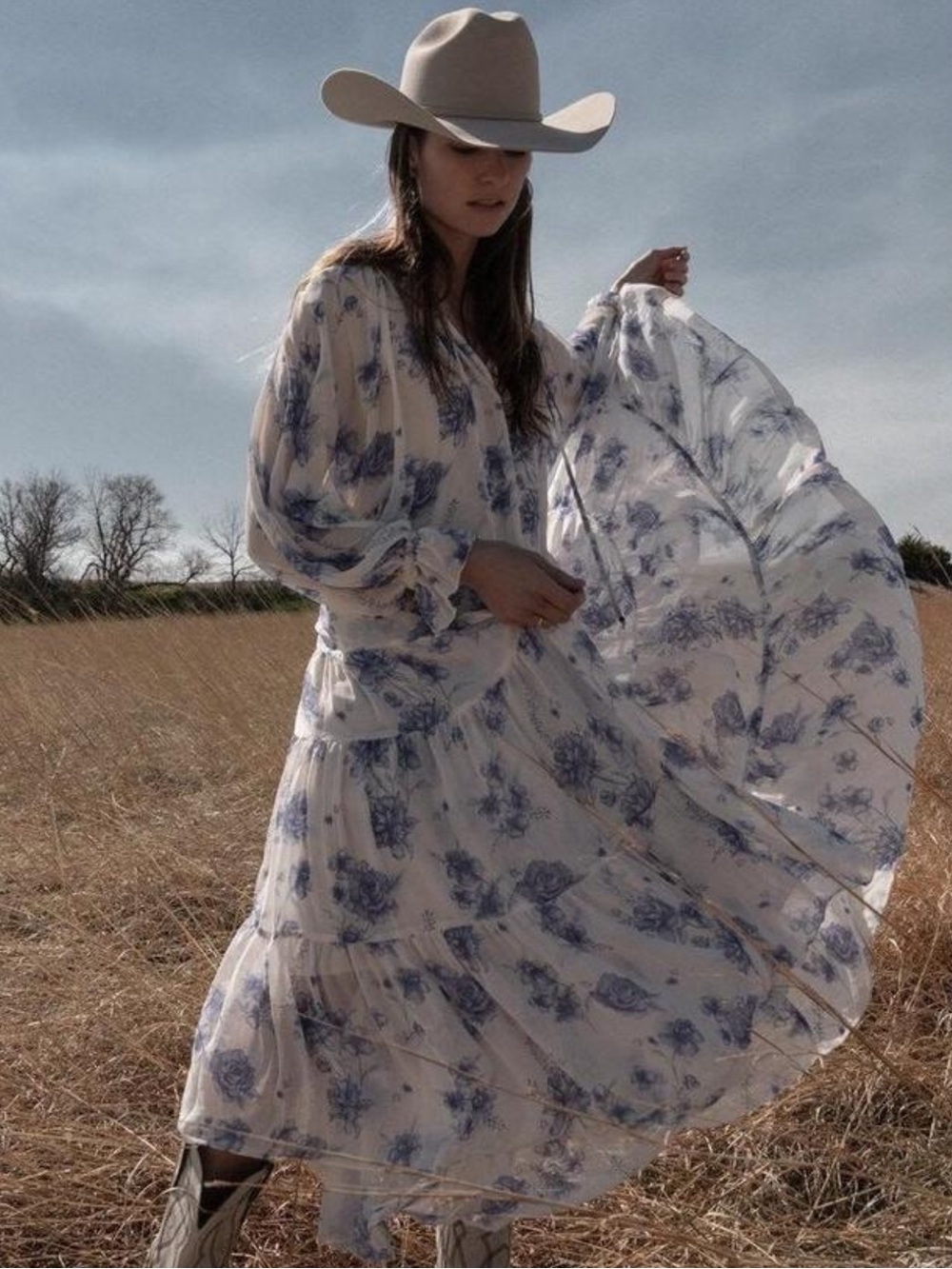 FREE PEOPLE Feeling Groovy Maxi Dress in White & Blue Floral
